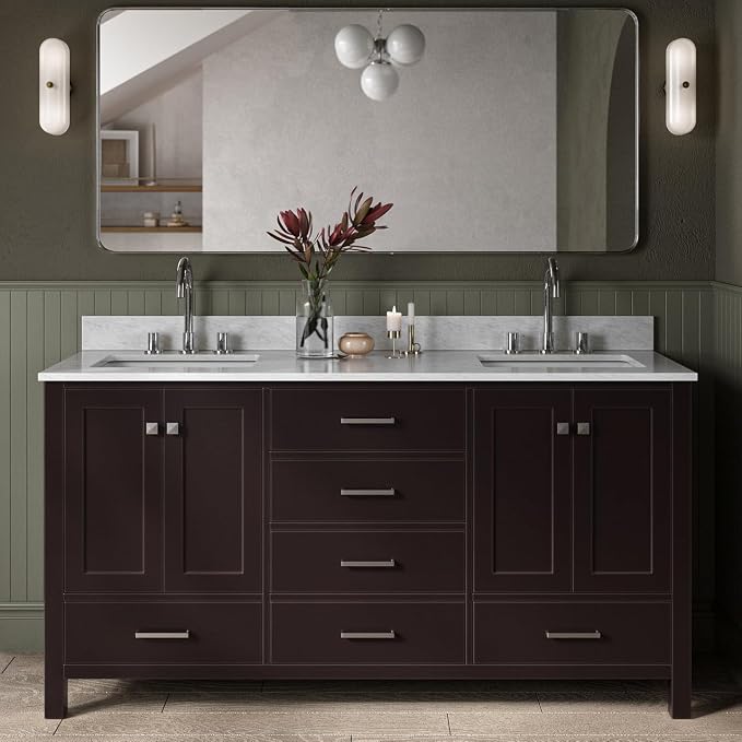 ARIEL Cambridge 66-inch Bathroom Vanity with Sink,Solid Wood, 0.75-inch Italian Carrara Marble Countertop, Double Rectangular Porcelain Sink, 4 Soft Closing Doors, 6 Dovetail Drawers, Espresso
