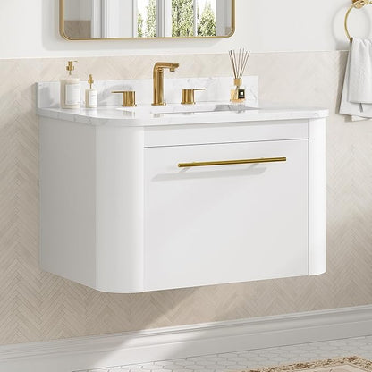 LIKIMIO 30" Bathroom Vanity with Sink, Floating Bathroom Vanity with 1 Drawer, Engineered Stone Countertop with Undermount Ceramic Sink, Wall Mounted Bathroom Vanity, Gold Handle, Easy Assembly, White