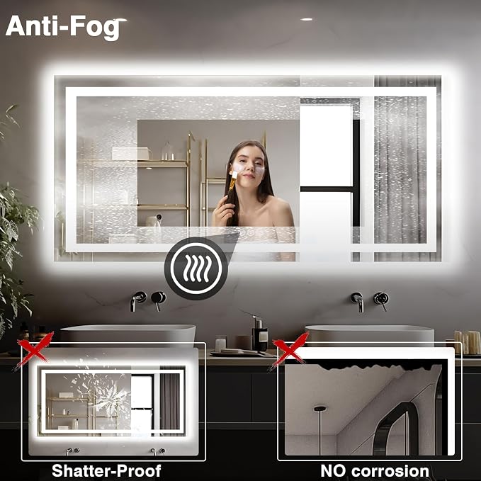 EchosLife 77"x36" Large LED Bathroom Mirror | Backlit + Front Lit, Anti-Fog, Stepless Dimmable, 3 Colors, Memory, Tempered Glass, UL Listed, Horizontal/Vertical