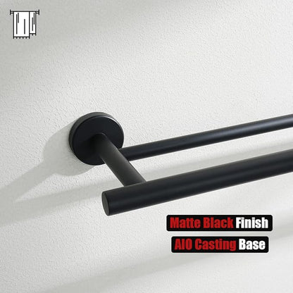 JQK Black Double Towel Bar, 20.5 Inch 304 Stainless Steel Thicken 0.8mm Towel Rack Bathroom, Towel Holder Matte Black Wall Mount, Useable Length 18 Inch 2 Pack, TB100L18-PB-P2