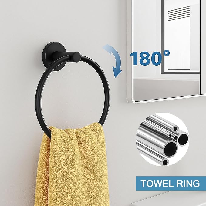 Matte Black 24in Stainless Steel Bathroom Hardware Set | Towel Bar Set , Bathroom Accessories Set Wall Mounted, Towel Racks for Bathroom, Towel Ring, Towel Hooks, Toilet Paper Holder