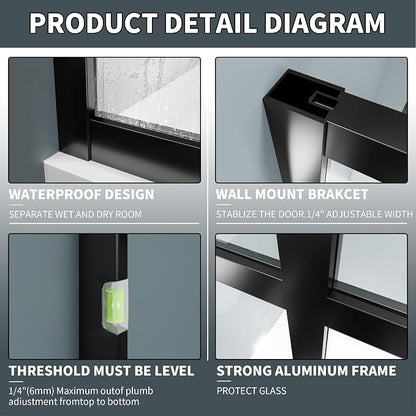46x72 Matte Black Walk-In Shower Screen, 1/4" Tempered Glass with Frame | Metal Finish Grid Pattern, Aluminum Alloy Frame, Stainless Steel System, Reversible Installation, Easy to Assemble, No Base