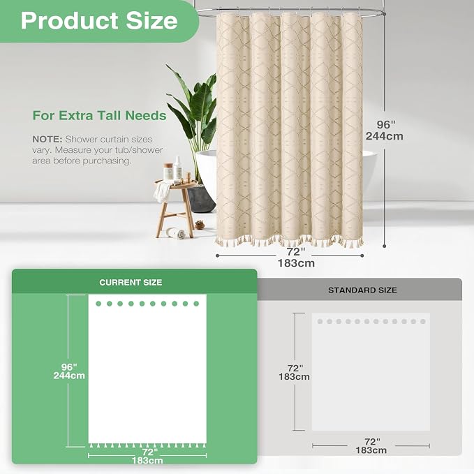 Extra Long Boho Shower Curtain Tufted Geometric 72"x96" Beige | 96 Inch Tall, Elegant Tassel, Lightweight Textured Fabric, Water Repellent, Washable, Hotel Spa, for Bathroom/Dorm 12 Hooks