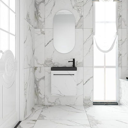 20'' Wall Mount Bathroom Vanity, 20 Inch Floating Single Sink Bathroom Combo, with Black Resin Sink and Soft Closing Cabinet Door and Open Storage Shelf, Carrara White