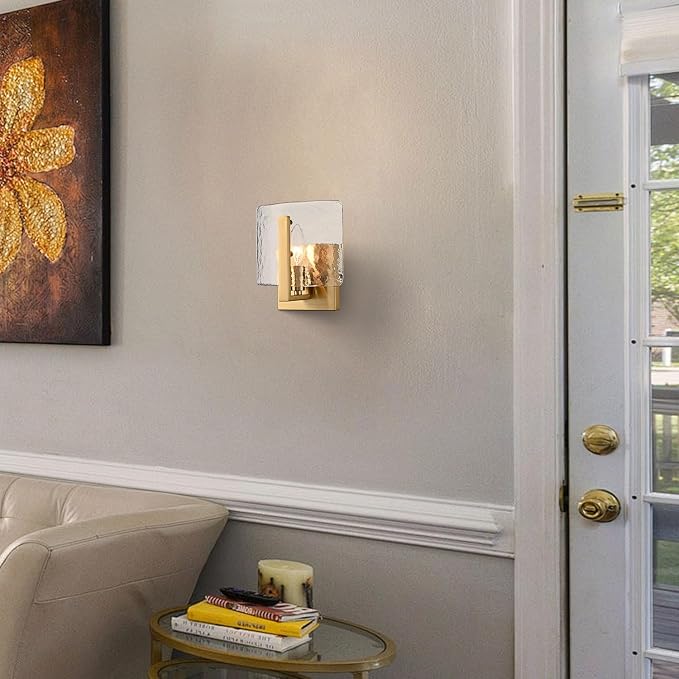 Modern Gold Wall Sconce with Water Rippled Glass Shades, 7-Inch Wall Lights | Vintage Vanity Light, Indoor Sconces Lighting with Gold Finish for Living Room Bedroom Bathroom Hallway Entryway