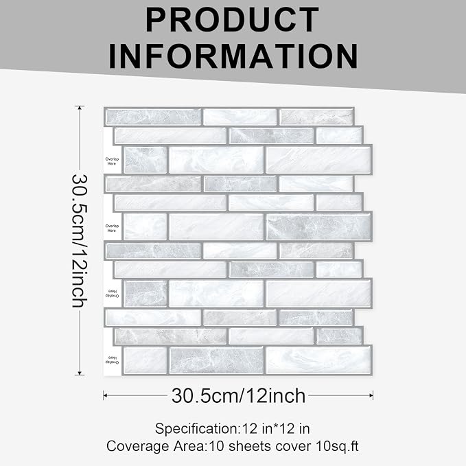 10 Sheets Peel and Stick Backsplash Tiles, Marble Look Wall Tiles for Kitchen and Bathroom, Livingroom, 12"x12", Alabaster Gray