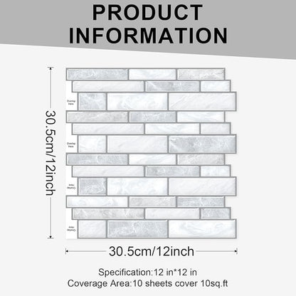 10 Sheets Peel and Stick Backsplash Tiles, Marble Look Wall Tiles for Kitchen and Bathroom, Livingroom, 12"x12", Alabaster Gray