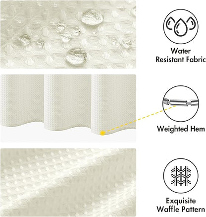 MIULEE Extra Long Waffle Weave Shower Bath Curtain 90 Inch Long with 12 Metal Hooks Modern Washable 260GSM Heavy Fabric Waterproof Thick Cloth Shower Curtains Set for Bathroom Hotel Bathtub, Ivory
