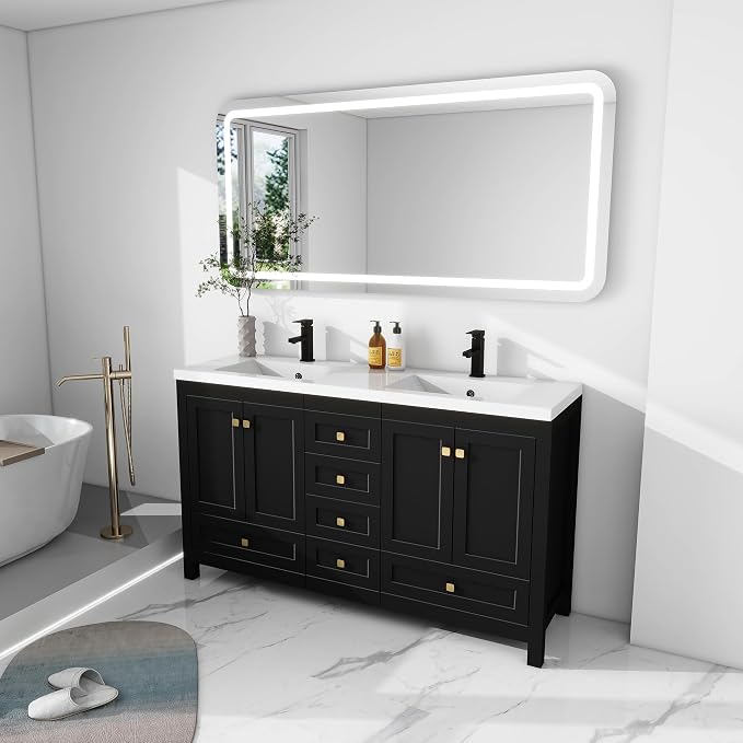 LUCKWIND 60" Bathroom Vanity and Sink Combos, Modern Bathroom Storage Painted Cabinet with Undercounter Resin Dual Sink Top, Matte Black Faucet and 6 Drawers, Mirror Not Included, Black