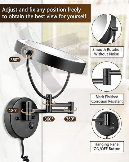 ALHAKIN 9" Wall Mounted Lighted Makeup Mirror, Large Double Sided 1X/10X Magnifying Mirror with 3 Color Lights Dimmable, 360° Rotation, Black