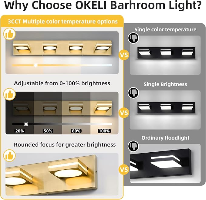 Bathroom Light Fixtures, Gold Vanity Light Modern LED Acrylic Lighting Fixtures, Bathroom Accessories Dimmer Lamps, 3CCT, 30-inch