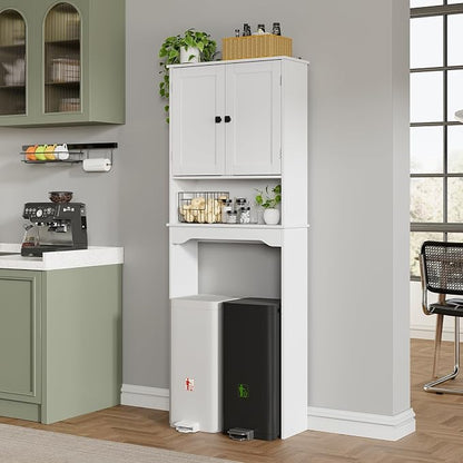 RRX Over The Toilet Storage Cabinet, Bathroom Above Organizer (Pure White) | Free Standing Toilet Rack with Adjustable Shelf and Open Storage, Double Doors, Space Saver, 24.8" L x 9.1 "W x 65.7 "H