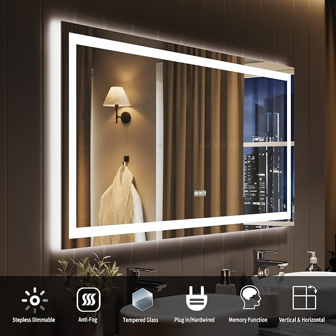 LED Bathroom Mirror 55 x 26 inch, Lighted Bathroom Vanity Mirror with Front Light and Backlit LED, Frameless Wall Mounted Bathroom Mirror with Adjustable Color Temperature