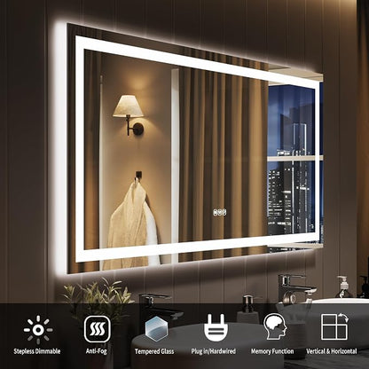 LED Bathroom Mirror 55 x 26 inch, Lighted Bathroom Vanity Mirror with Front Light and Backlit LED, Frameless Wall Mounted Bathroom Mirror with Adjustable Color Temperature