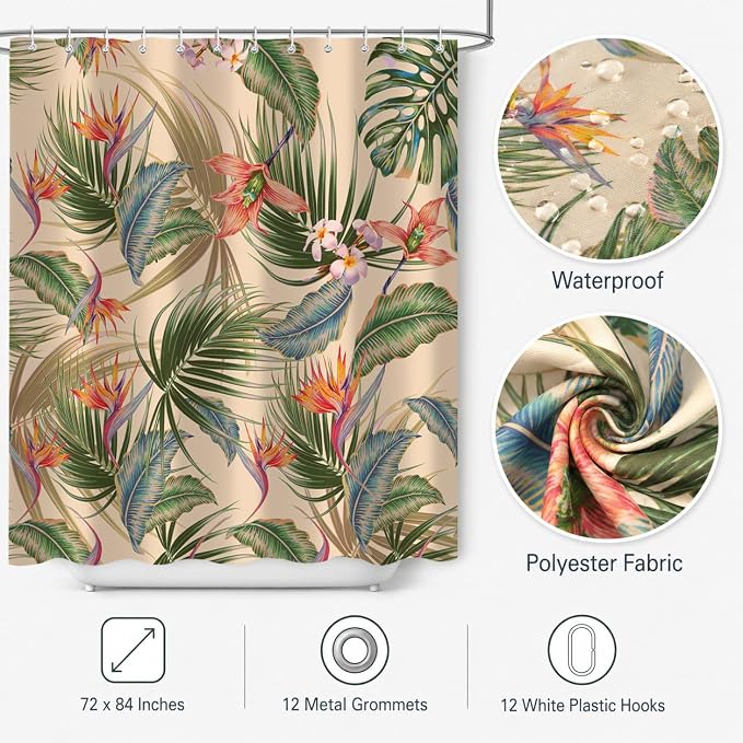 Tropical Shower Curtain, Colourful Leaves Floral Palm Leaf Hawaiian Botanical Plant Bathroom Decor, Waterproof Cloth Fabric Bath Curtain with Hooks 72 x 78 inch
