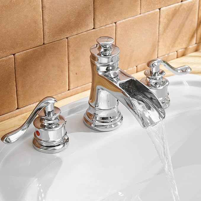 BWE 8 Inch Widespread Bathroom Faucet Chrome with Pop Up Drain and Supply Hose Two-Handle 3 Holes Waterfall Bathroom Sink Faucet Lavatory Mixer Tap
