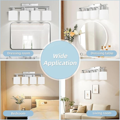 SILAMPDI 4-Light Bathroom Lighting Fixtures Over Mirror, Brushed Nickel Bathroom Vanity Light, Modern Rustproof Wall Sconce Lights, Milky White Frosted Glass Shades, E26 Base, Bulbs Not Included