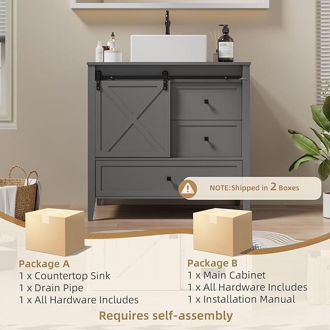 VNN Bathroom Vanity with Sink - 36 Inch Bathroom Vanity with Sink Ceramic, Freestanding Cabinet with Farmhouse Sliding Barn Door and 3 Drawers, Space-Saving Storage Cabinet, Grey
