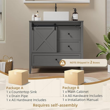VNN Bathroom Vanity with Sink - 36 Inch Bathroom Vanity with Sink Ceramic, Freestanding Cabinet with Farmhouse Sliding Barn Door and 3 Drawers, Space-Saving Storage Cabinet, Grey