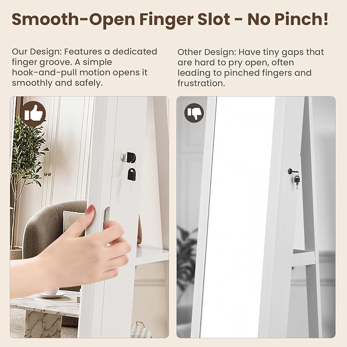 4-In-1 Jewelry Cabinet Jewelry Armoire Lockable Standing, White | Jewelry Organizer with Storage, Full-Length Mirror, 3 Storage Shelves, Makeup Mirror, 360 ° Swivel Jewelry Armoire for Women