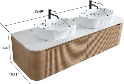 60" Preassembled Double Floating Bathroom Vanity with White Sink, Oak | Mid-Century Modern Style, Fluted & Soft-Close Drawer with U-shaped Wall, Sinterted Stone Countertop, Towel Rack Included
