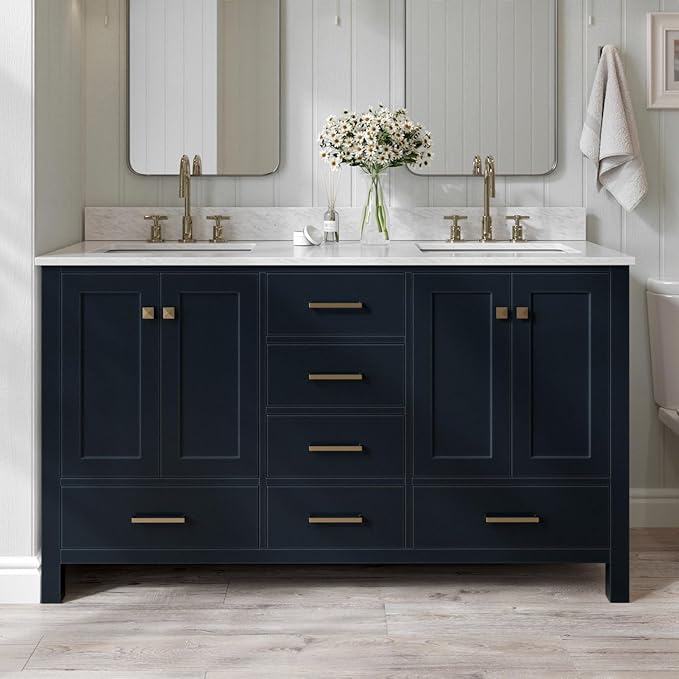 ARIEL Cambridge 60-inch Bathroom Vanity with Sink,Solid Wood, 0.75-inch Italian Carrara Marble Countertop, Double Rectangular Porcelain Sink, 4 Soft Closing Doors, 6 Dovetail Drawers, Midnight Blue
