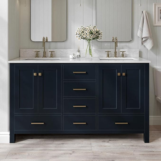 ARIEL Cambridge 60-inch Bathroom Vanity with Sink,Solid Wood, 0.75-inch Italian Carrara Marble Countertop, Double Rectangular Porcelain Sink, 4 Soft Closing Doors, 6 Dovetail Drawers, Midnight Blue