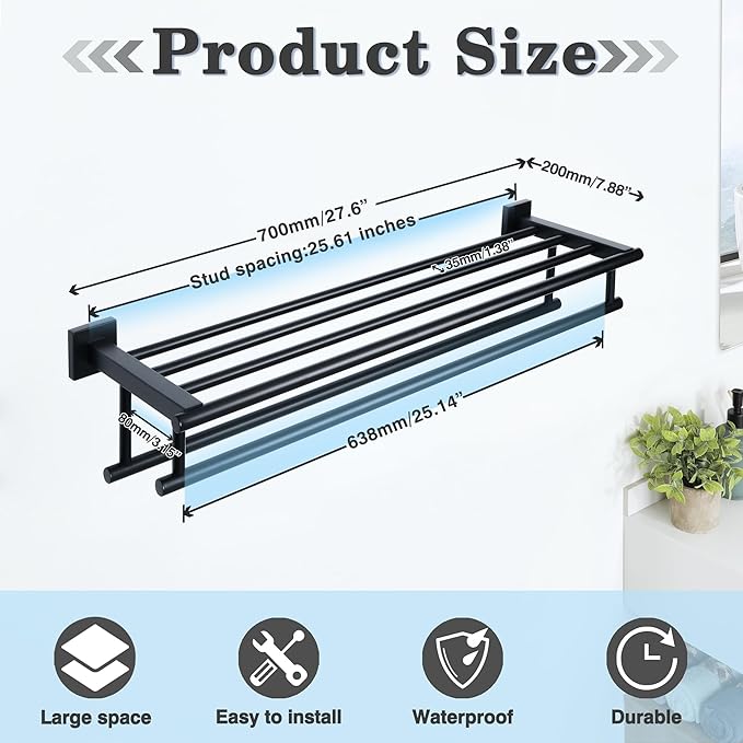 Alise Towel Rack for Bathroom Wall Mount,Double Towel Bars for Bathroom,28 Inch Bathroom Towel Holder Double Towel Bars with Shelf,SUS304 Stainless Steel Towel Hanger for Bathroom Walls,Matte Black