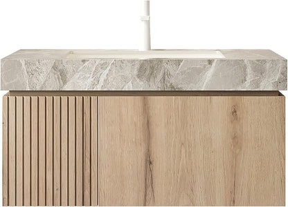 KEIKI 36 Inch Floating Bathroom Vanity with Sink, White Oak & Grey | Modern Wall Mounted Storage Cabinet w/ Drawer & Door, Pre-assembled Wood Panels, Sintered Stone Top & Ceramic Basin Combo Set