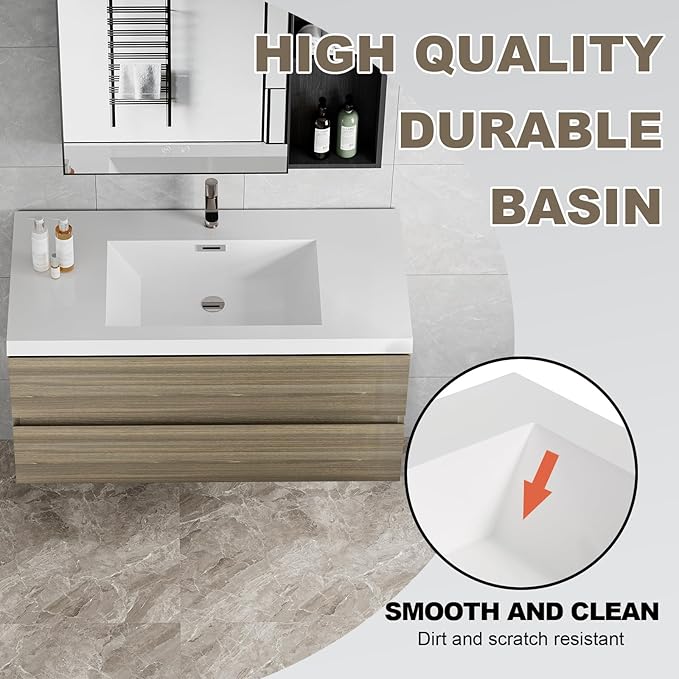 Wall Mounted 42 Inch Bathroom Vanity with Sink, Floating Vanity Bathroom, Single Sink Bathroom Vanity, 2 Drawers, Resin Integrated Sink (Ash Grey)