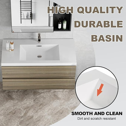 Pre-Assembled 42" Floating Bathroom Vanity with Sink, Ash Grey | Wall-Mounted Bathroom Vanity with Solid Surface Top Basin, 2 Soft Close Drawers, Easy to Install & Clean