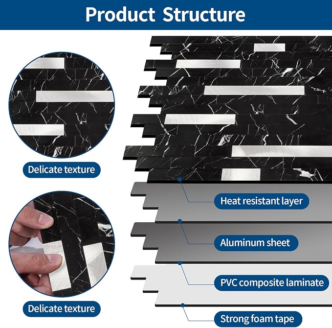 Yipscazo 10 Sheets Peel and Stick Stone Metal Tile Backsplash, Stick on Tiles for Backsplash Kitchen, Bathroom, Laundry Room, Camper, Fireplace (12'' X 12'', Pure Black)