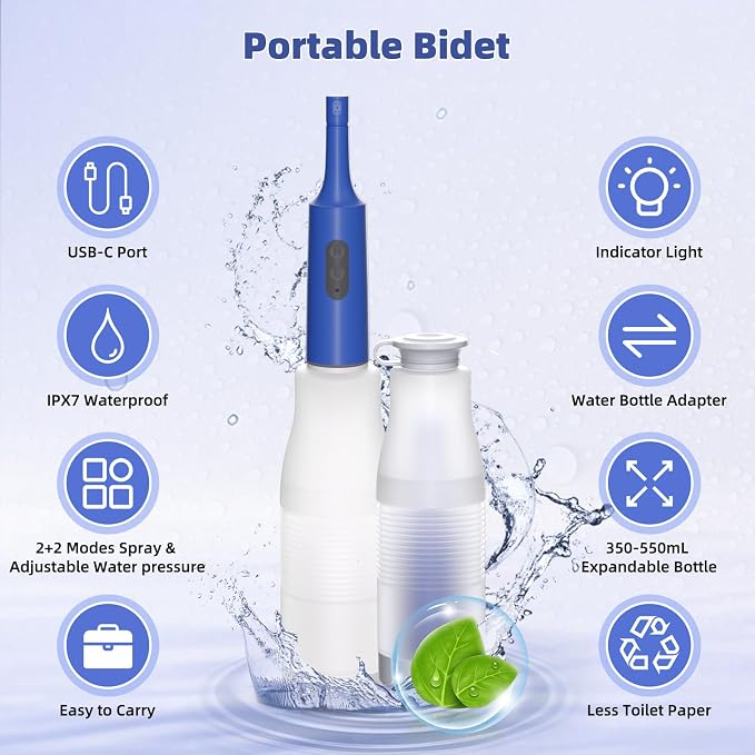 Hibbent Portable Bidet for Travel, High Pressure Electric Handheld Bidet Sprayer, 350-550ML Expandable Bottle for Personal Hygiene, USB-C Rechargeable Waterproof, Travel Sprayer for Women & Men, Blue