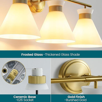 WOSHITU Bathroom Vanity Light Fixtures: 3-Lights Mid Century Modern Vanity Lights for Bathroom Over Mirror, Brushed Gold Wall Sconce Lighting with Frosted Milky Glass Shade for Bath Living Room