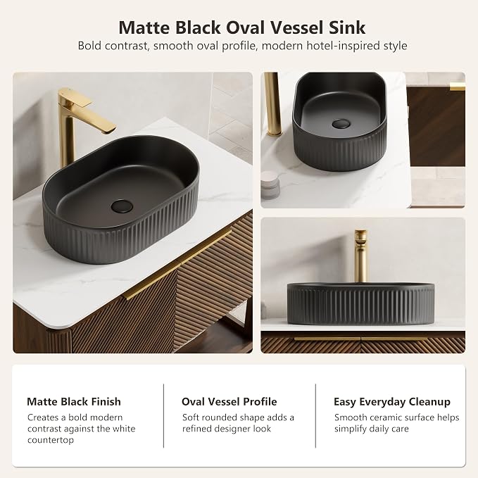 Yayzy 36 Inch Bathroom Vanity with Sink, Freestanding Dark Walnut Bathroom Cabinet, Matte Black Oval Vessel Sink, Carrara White Sintered Stone Countertop, Soft Close Doors, Open Storage Shelf