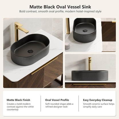 Yayzy 48 Inch Bathroom Vanity with Sink, Freestanding Dark Walnut Bathroom Cabinet, Matte Black Oval Vessel Sink, Carrara White Sintered Stone Countertop, Soft Close Doors, Open Storage Shelf