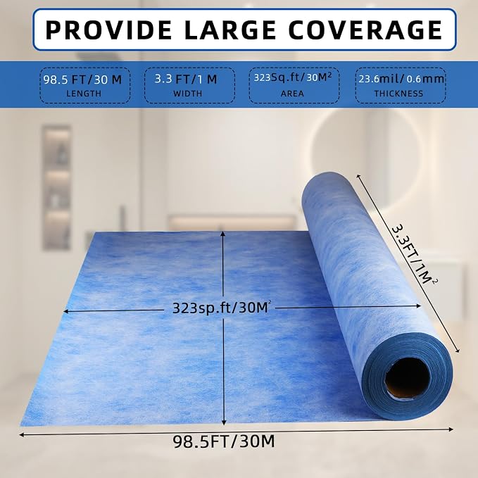 Shower Waterproofing Membrane Roll, 3.3x98.5 FT, 323 Sq Ft, 23.6 Mil | Blue HDPE membrane for tile shower walls, floors, bathrooms and saunas; bonds with thin-set mortar for reliable installation