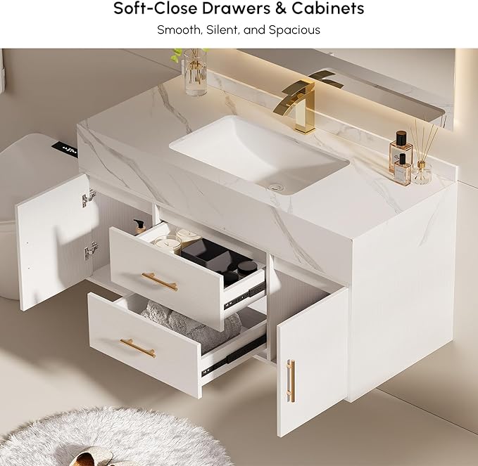Bathroom Vanity with Sink, 39.3" Floating Bathroom Vanity Set, Modern Wall-Mounted Cabinet with Sintered Stone Countertop, Undermount Sink & White Finish, Easy to Clean
