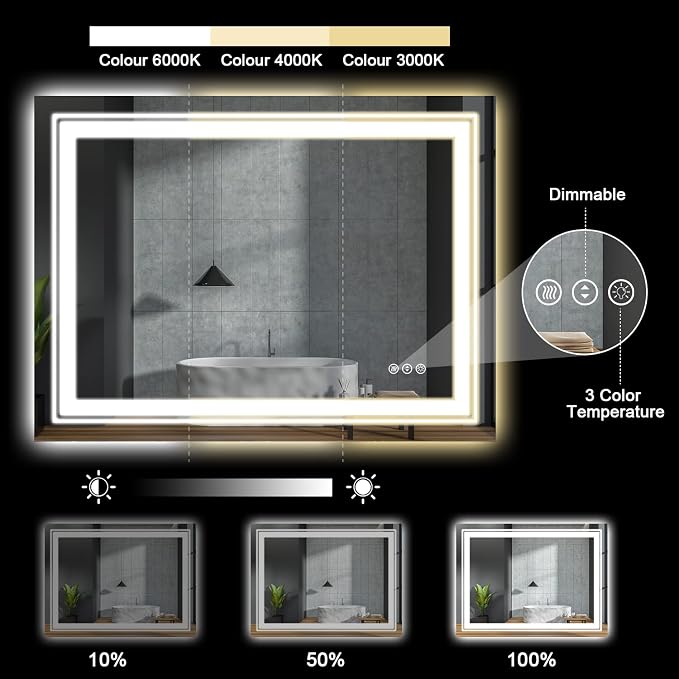 Snowdool 24 x 36 in LED Bathroom Mirror, Front and Backlit, Anti-Fog | Front and Backlit, Stepless Dimming, Anti-Fog, Memory Function