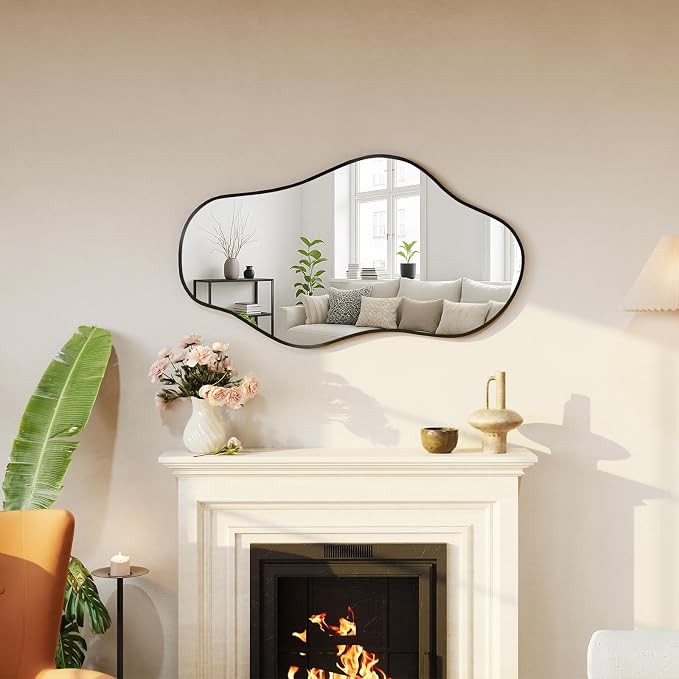 Irregular Wall Mirror, 18"x32" Asymmetrical Mirror with Metal Frame, Decorative Wall Mirror for Entryway Bathroom Living Room Bedroom, Horizontal or Vertical Hanging