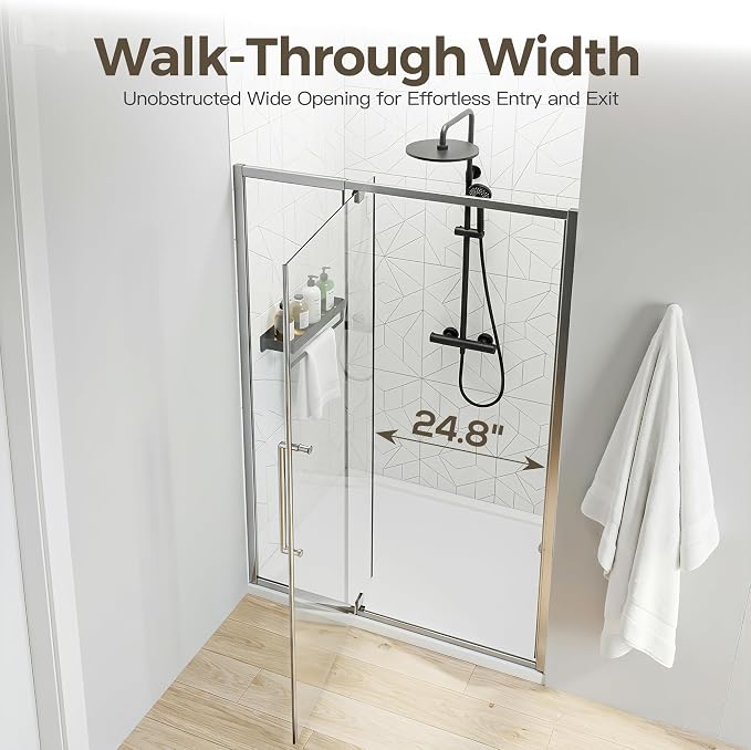 44-48" W x 72" H Semi-Frameless Pivot Swing Shower Doors, Chrome Finish | 1/4" (6mm) Clear SGCC Tempered Glass with a 24.8" walk-in opening, Reversible Installation, Magnetic Closing