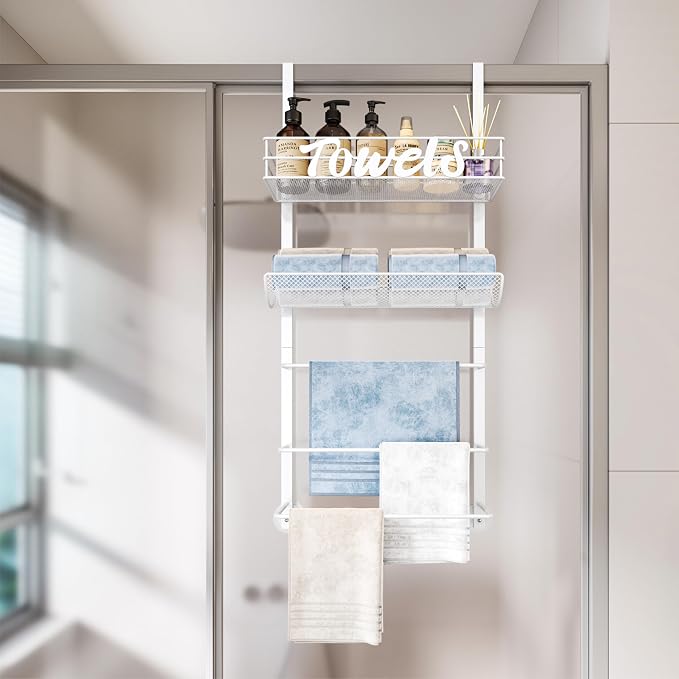 SWTYMIKI Over the Door Towel Racks for Bathroom - 5-Tier Wall Mounted Bathroom Towel Storage Organizer Holder with Metal Shelf, White