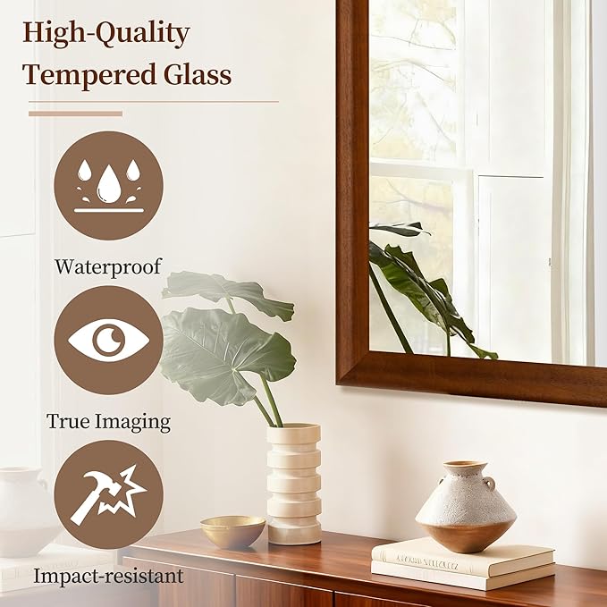 30 x 40 Inch Rustic Bathroom Mirror for Wall Over Sink, Farmhouse Wood Framed Brown Rectangle Mirrors with Tempered Glass for Living Room, Horizontal/Vertical Hanging
