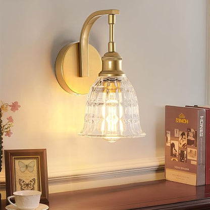 Gold Bathroom Wall Sconce, 1-Light Modern Brushed Gold Sconce Light Fixture | with Clear Glass Shade, Vintage Farmhouse Hardwired Wall Mount Lighting for Mirror Bedroom Hallway Kitchen Living Room
