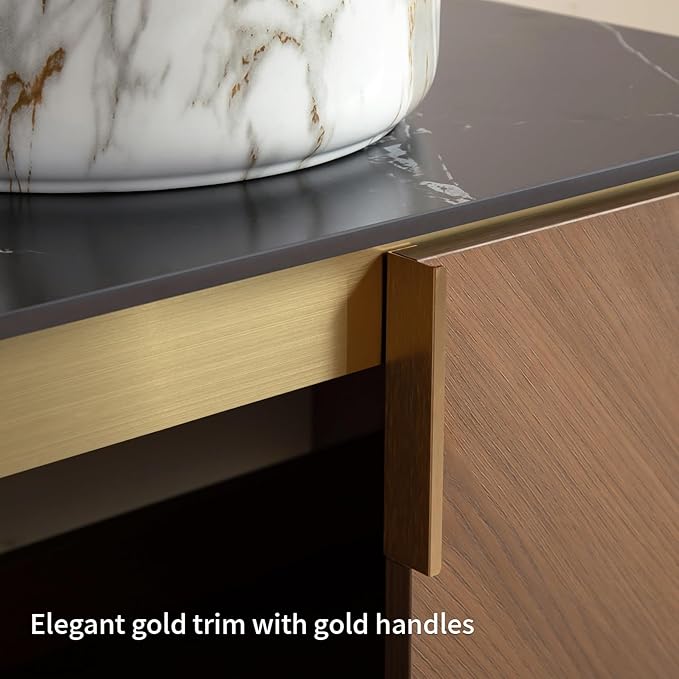 30" Floating Bathroom Vanity with Sink Combo, Modern Vanity with Vessel Sink, Wall-Mounted Bathroom Cabinet with Doors, Black Countertop and Ceramic Basin with Stone Pattern,Brown Oak