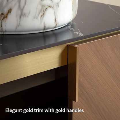 36 Inch Bathroom Vanity with Sink Combo, Floating Vanity Bathroom with Vessel Sink, Modern Bathroom Vanity Cabinet with Doors, Sintered Stone Countertop and Stone Pattern Sink,Brown Oak
