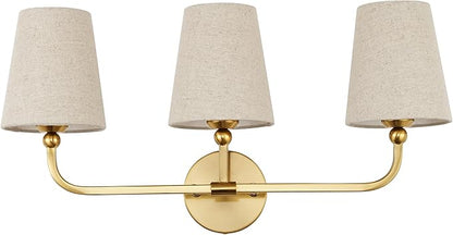 3-Light Bathroom Light Fixtures, Brushed Gold Vanity Lights with Brown Fabric Shade, Modern Sconces Wall Lighting for Hallway Bedroom, Upward Lighting, VL837-BG-L-3