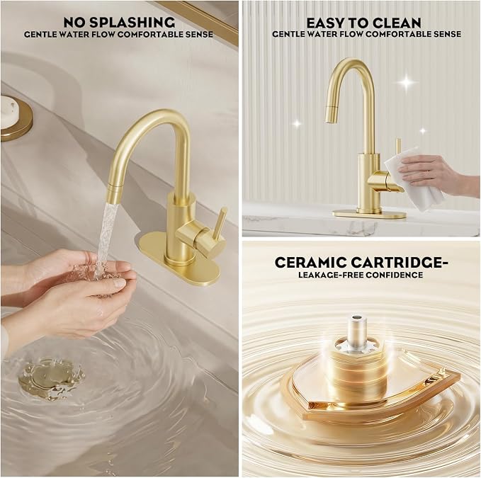 High Arc Pull-Down Bathroom Faucet, Brushed Gold Single Handle with Pull Out Sprayer & Pop-Up Drain, 1 or 3 Hole 2 Model RV Bar Laundry Utility Sink Faucet with Deck Plate, WE08CL-ZY-BG