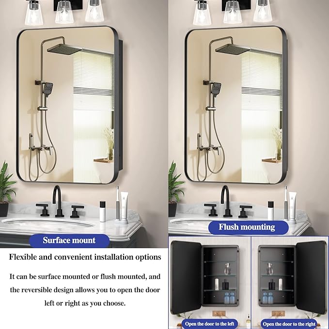 Bathroom Medicine Cabinet with 20"x26" Stainless Steel Framed Mirror,Recessed or Surface Mounted Bathroom Mirror Cabinet,Storage Cabinetfor Bathrooms, Guest Rooms, Apartments, Farmhouse Decor