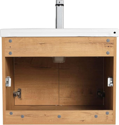 Blossom 24 Inch Classic Oak Plywood Bathroom Vanity with Ceramic Sink, Modern Wall Mounted Floating Bathroom Vanity Cabinet with Soft Close Doors and Moisture Resistant Finish